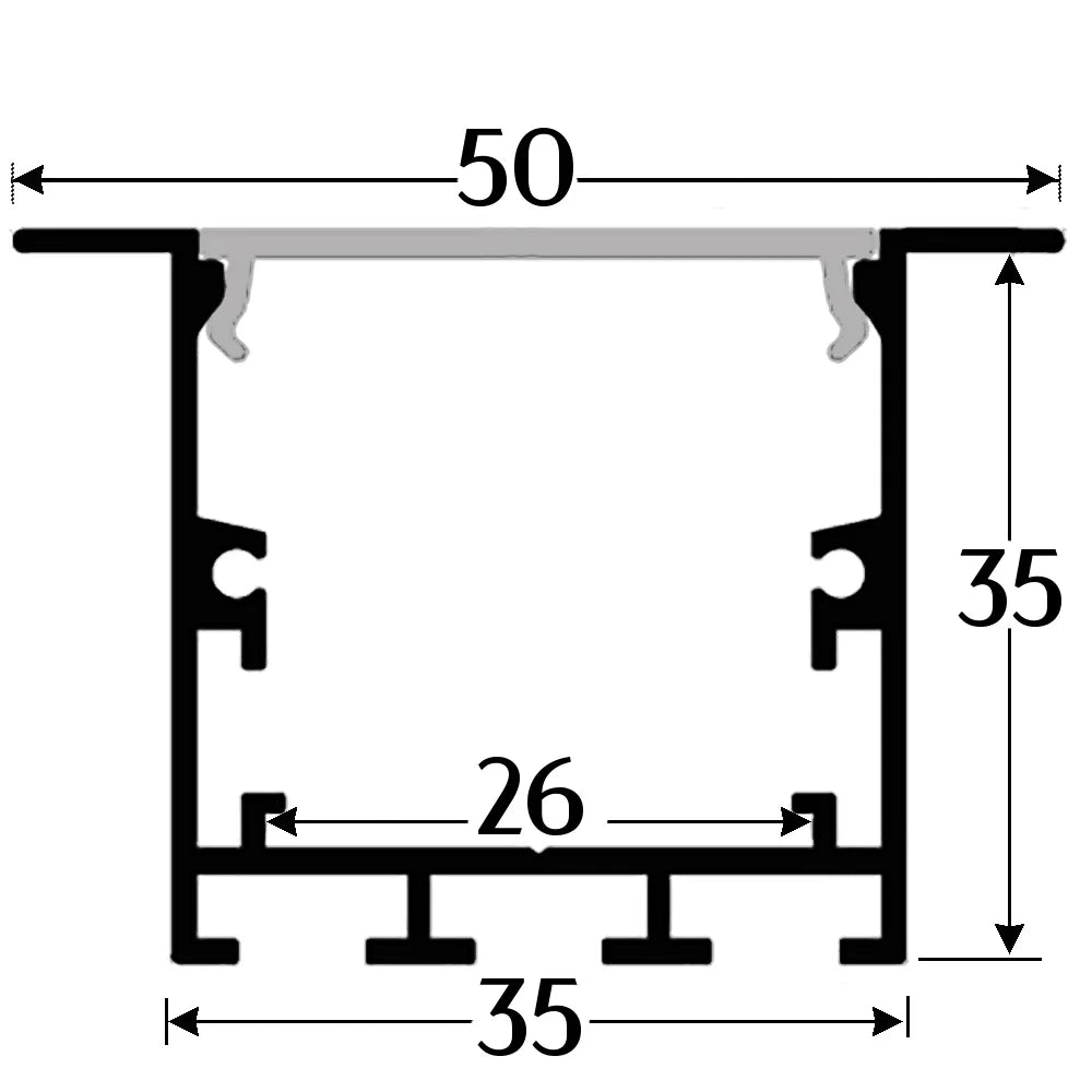 AL-K5035B Recess mounting, Aluminium extrusion, profile, channel for strip light with opal diffuser, 50X35x2500mm