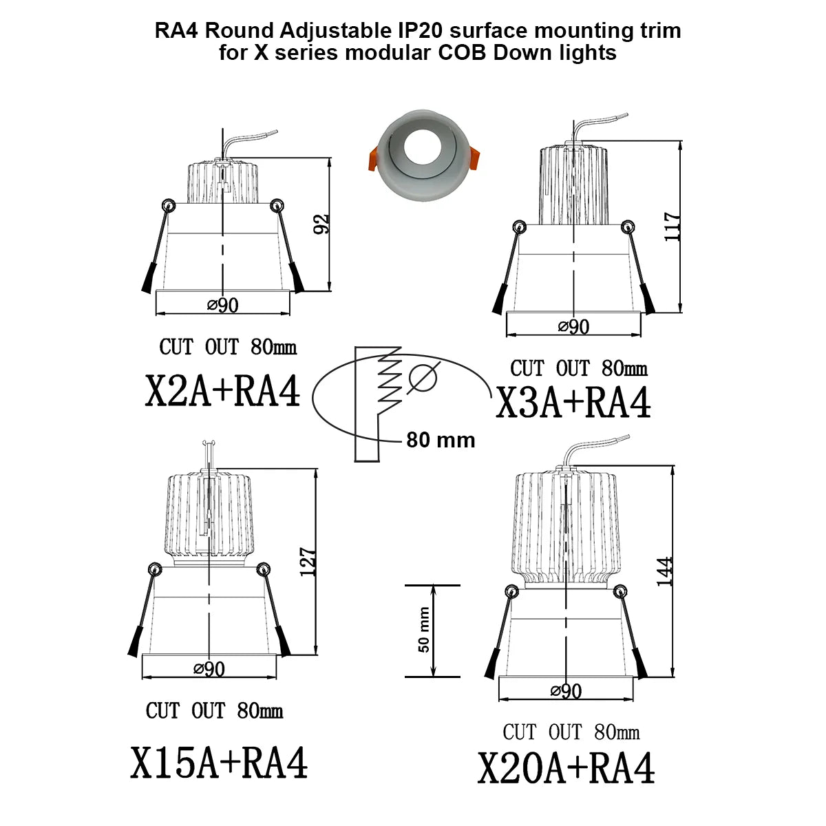 RA4 White- Round gimbal IP44 surface mount trim for X Series COB Modules