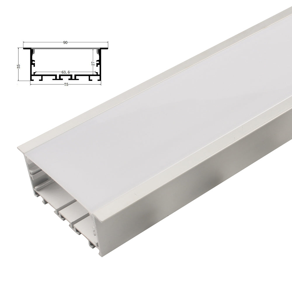 AL-K9035C Recess mounting Aluminium extrusion, profile, channel for strip light with opal diffuser, 90x35x2500mm