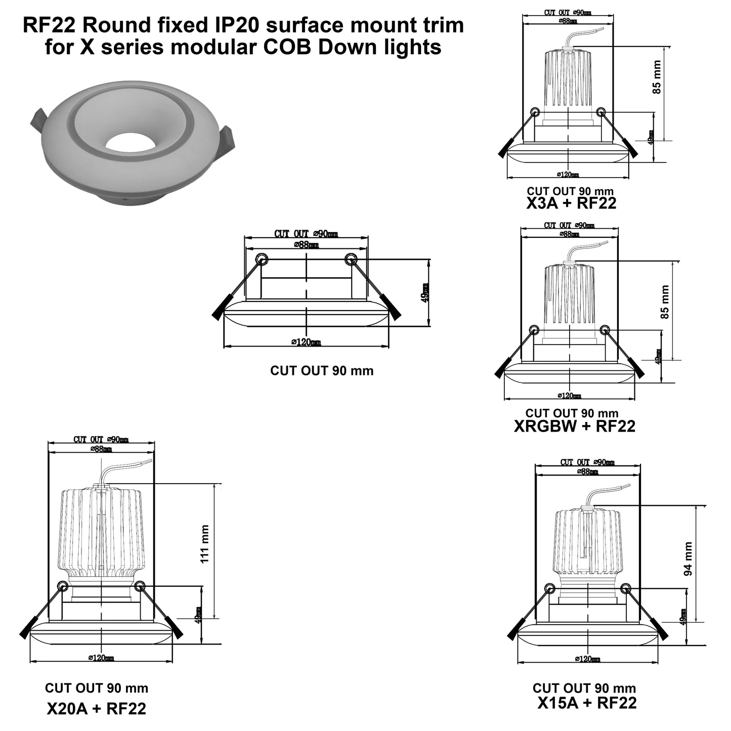 RF22 White-Round fixed IP20 surface mount trim with double halo ring for X Series COB Modules