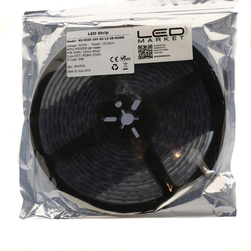 RGBW Strip Light, 24V, 18W/m ,4500K natural white, IP68 , constant voltage, 5 meter roll