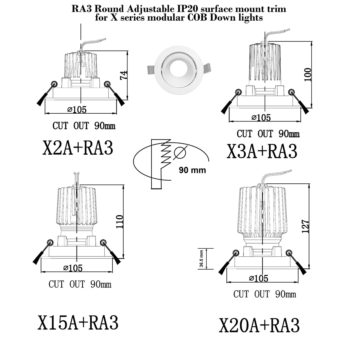 RA3 White- Round Gimbal IP20 surface mount trim for X Series COB Modules