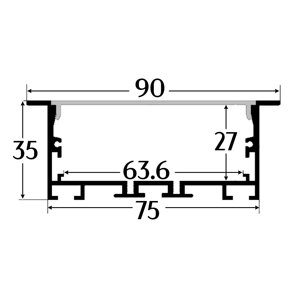 AL-K9035C Recess mounting Aluminium extrusion, profile, channel for strip light with opal diffuser, 90x35x2500mm