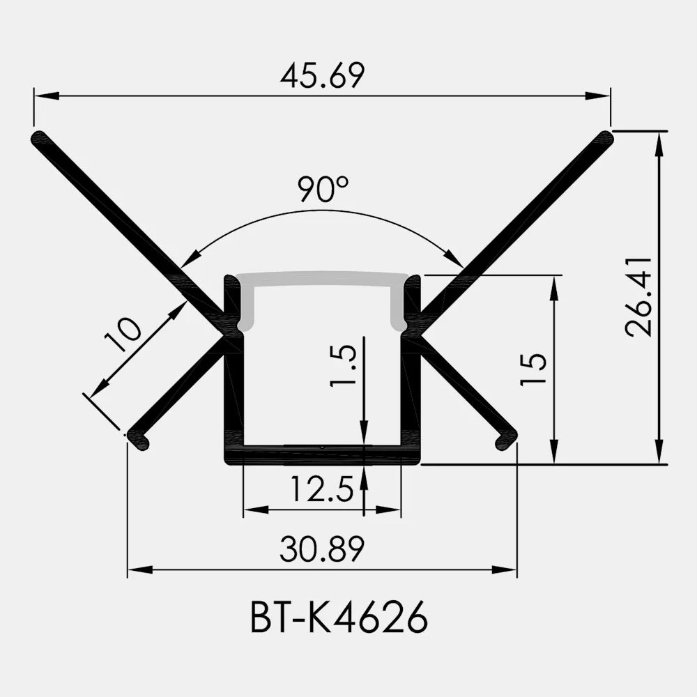 AL-K4626 Embedded mounting Aluminium extrusion, profile, channel for strip light with opal diffuser, 46X26x3000mm