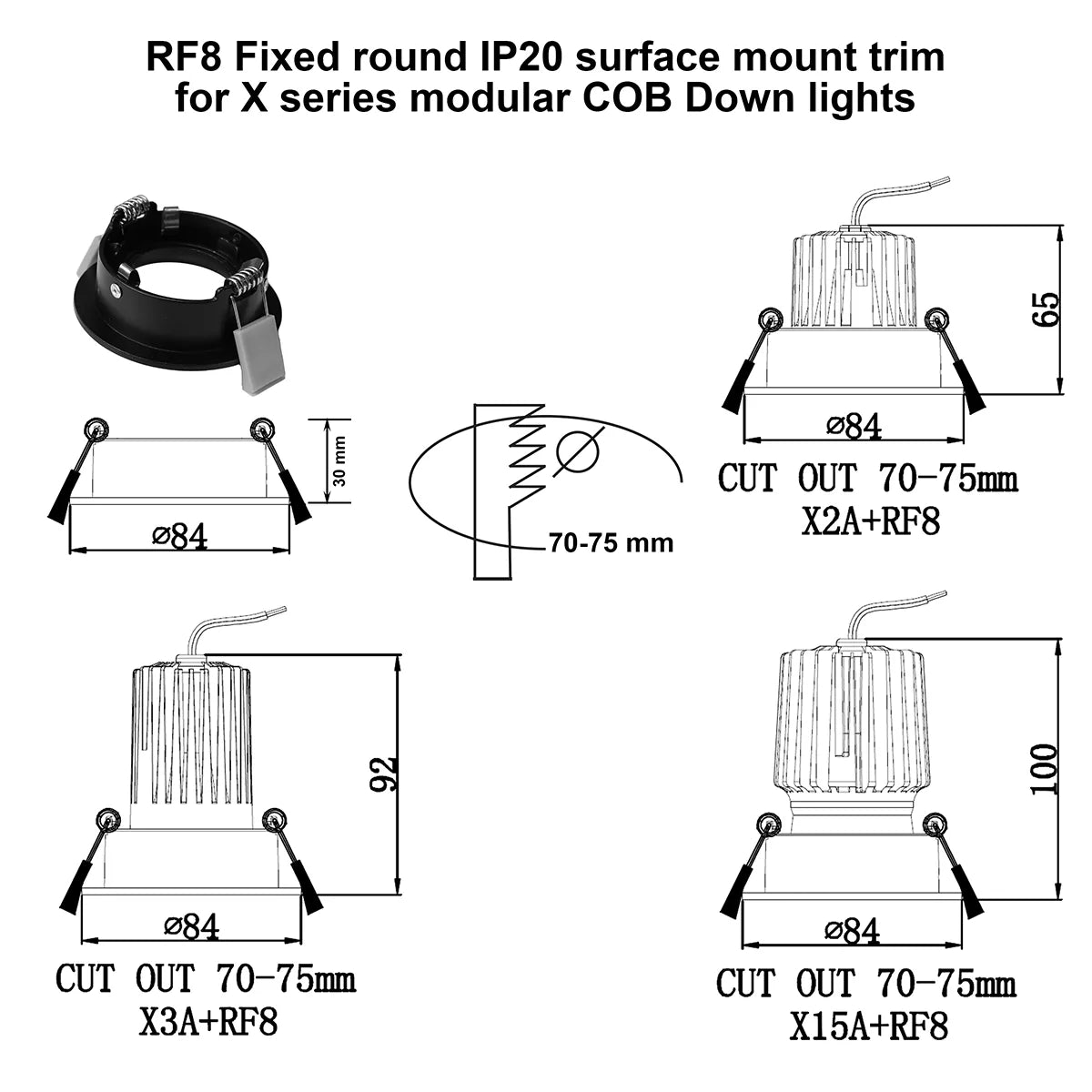 RF8 Black- Round fixed IP20 surface mount trim for X Series COB Modules