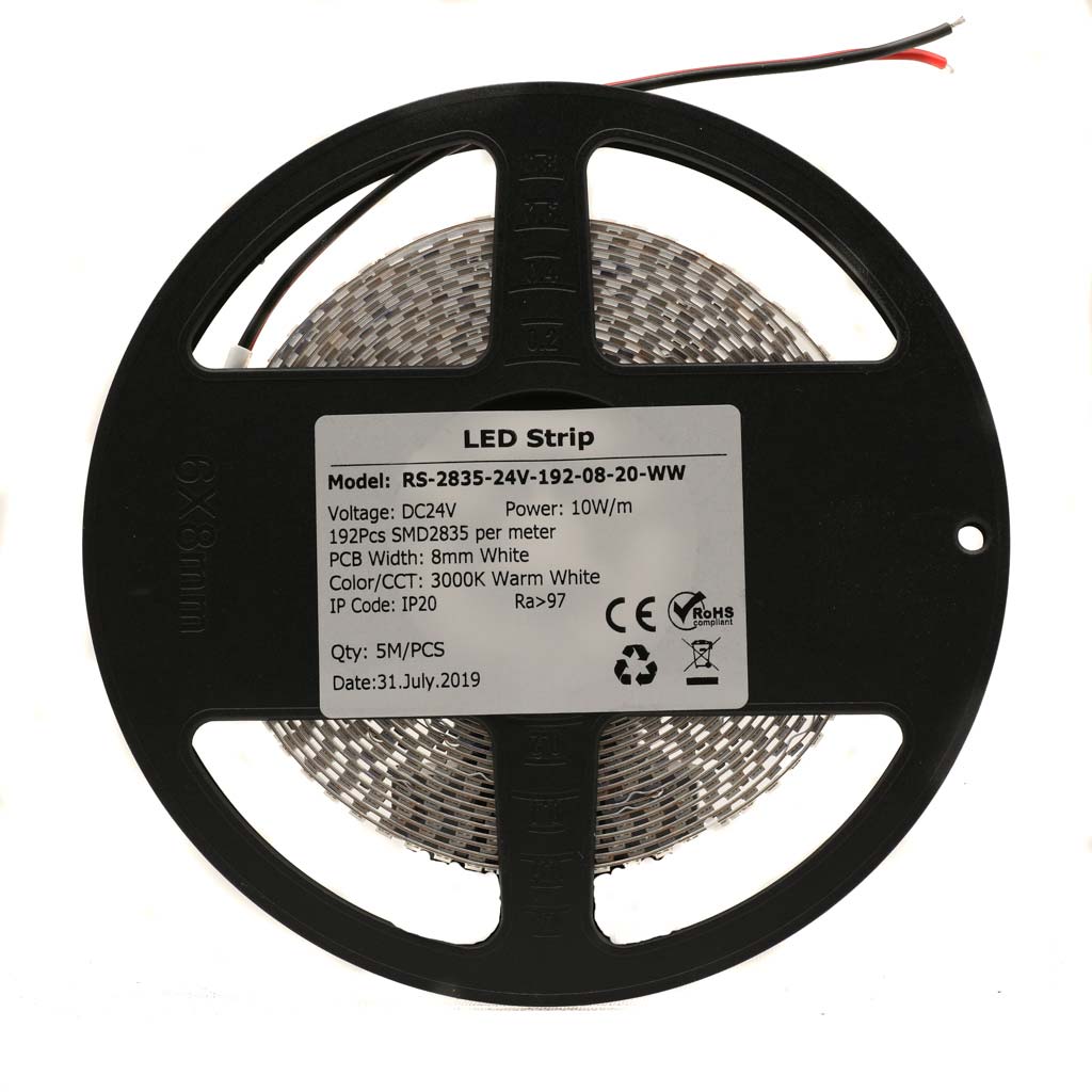 Lunar Series,24V, 3000K Warm White, 15W/m, 8mm PCB, 196 LED/m 1600Lumens/m, IP20,Strip Light, 5m roll
