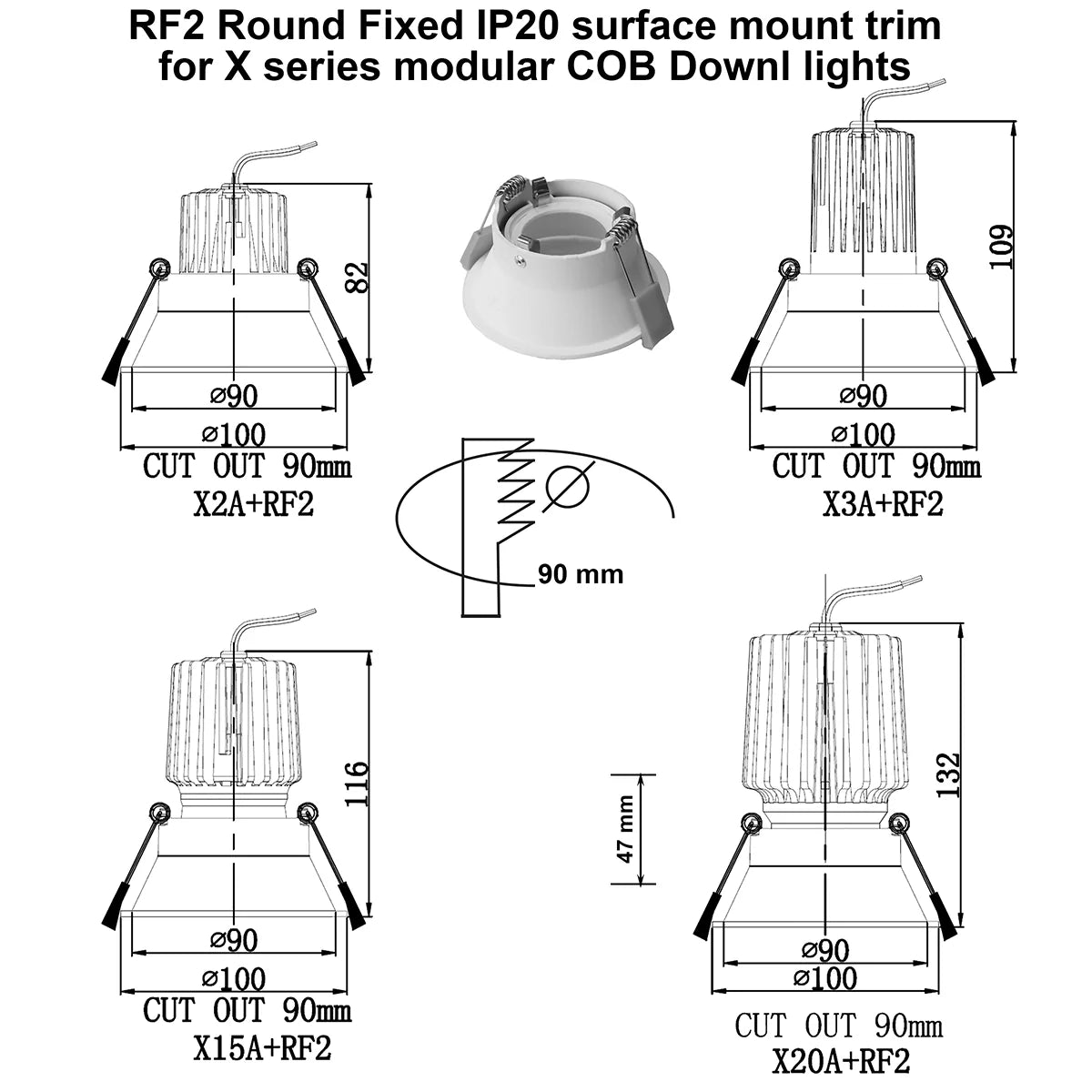 RF2 Black-Round fixed IP20 surface mount trim for X Series COB Light modules