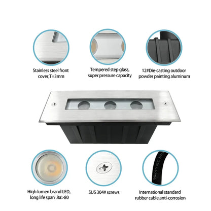 3 x 2 Watt, IP67, 24V, Warm White, Inground, Pathway Light, Stainless Steel, Recess Mount, Clear Diffuser