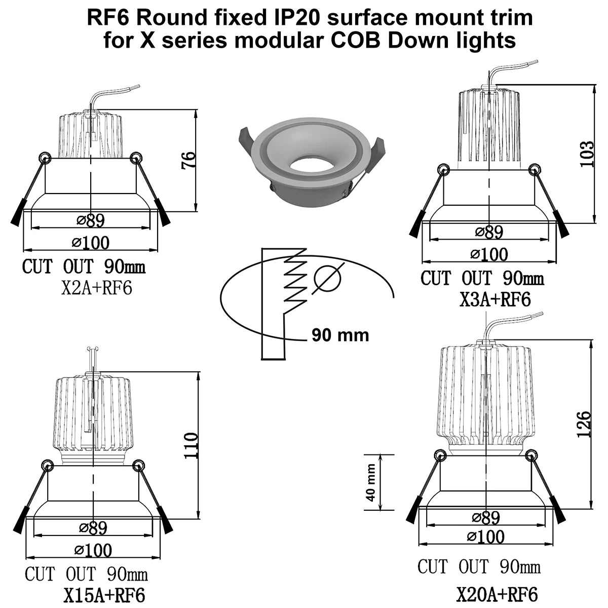 RF6 White-Round fixed IP20 surface mount trim with halo ring for X Series COB Modules