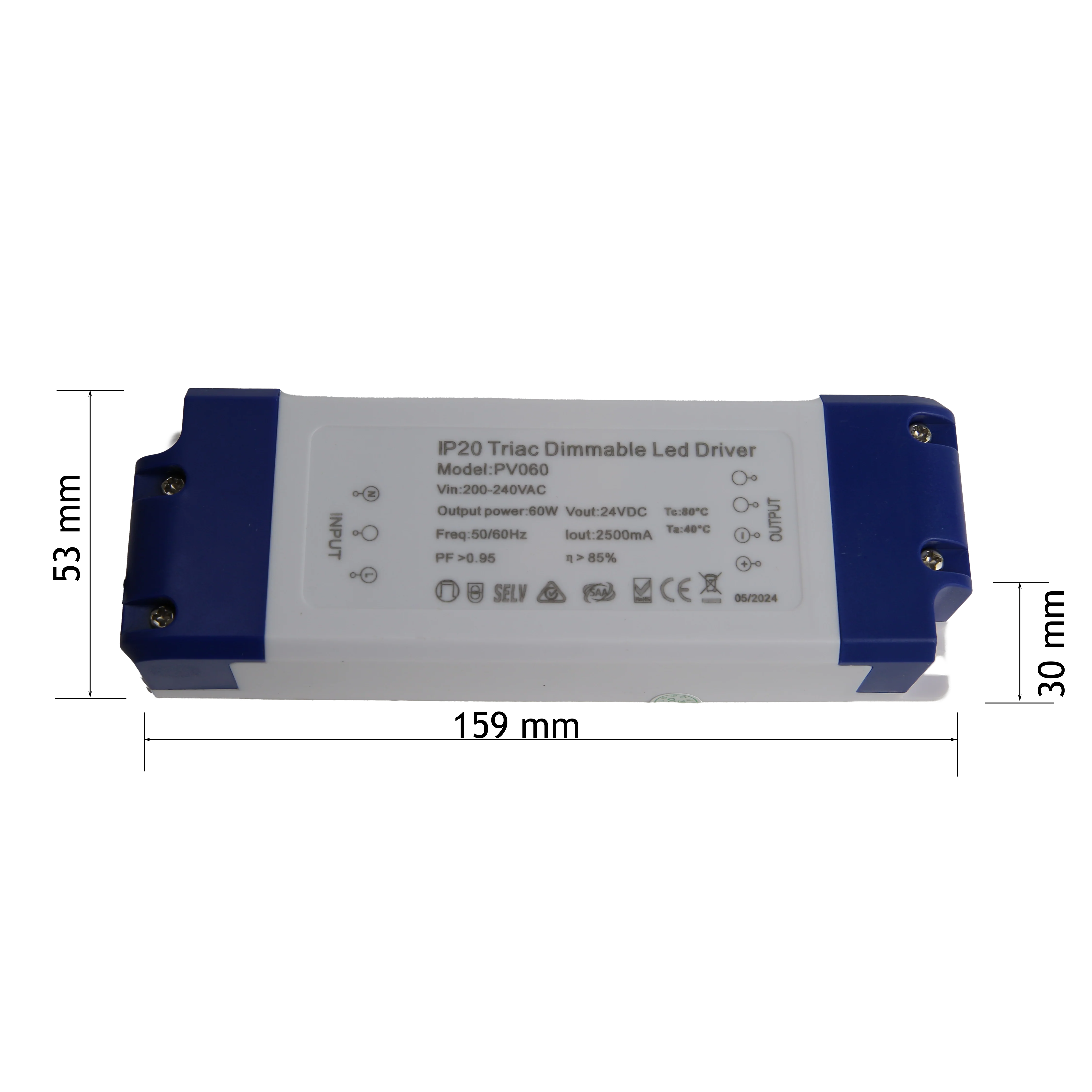 60W LED Driver - Constant Voltage - Phase dimming IP20