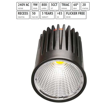 Downlight module, 9 Watt, 3CCT, COB, Flicker free, Triac Dimmable,  800 Lumens