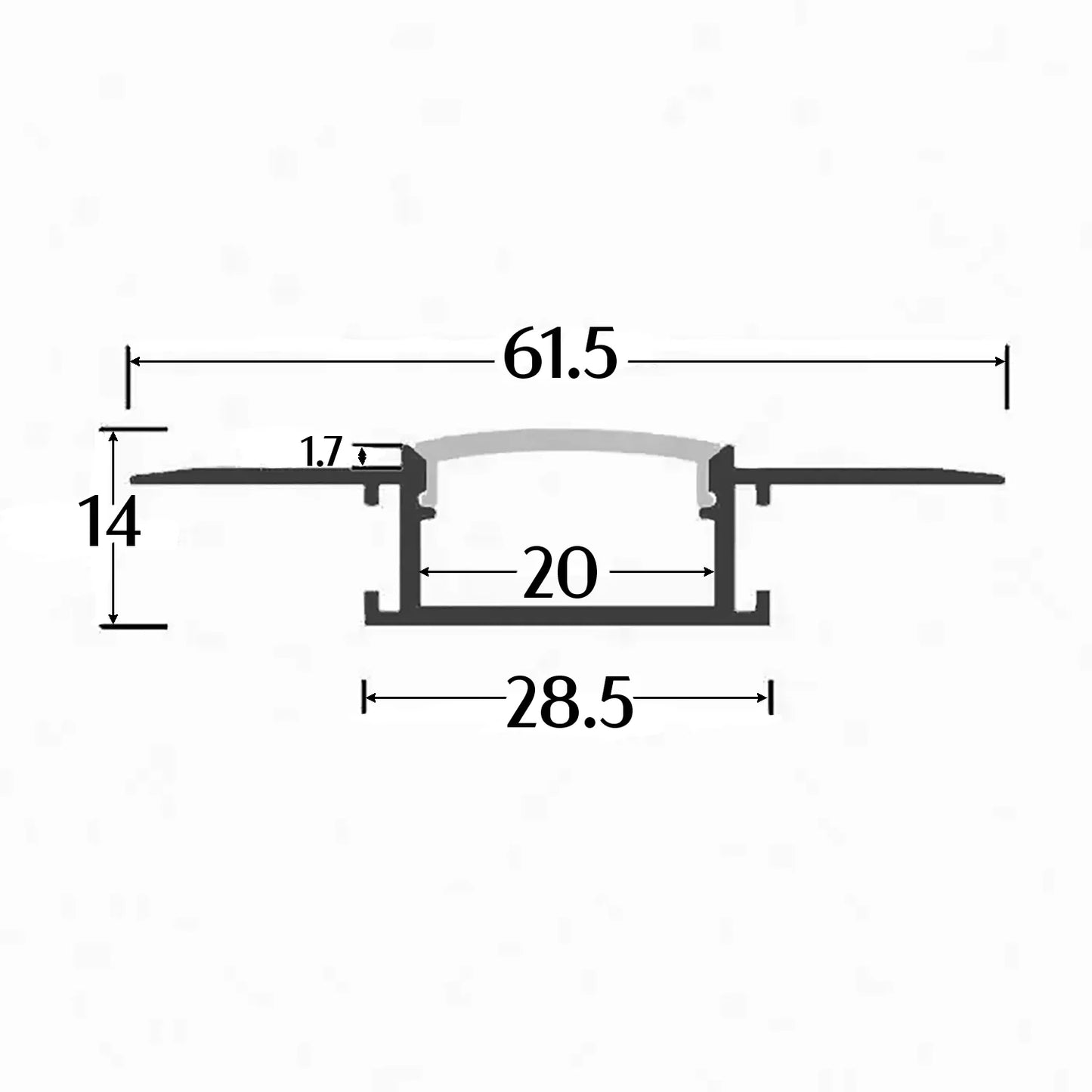 Embedded mounting Aluminium extrusion, profile, channel for strip light with opal diffuser, 62X14x3000mm