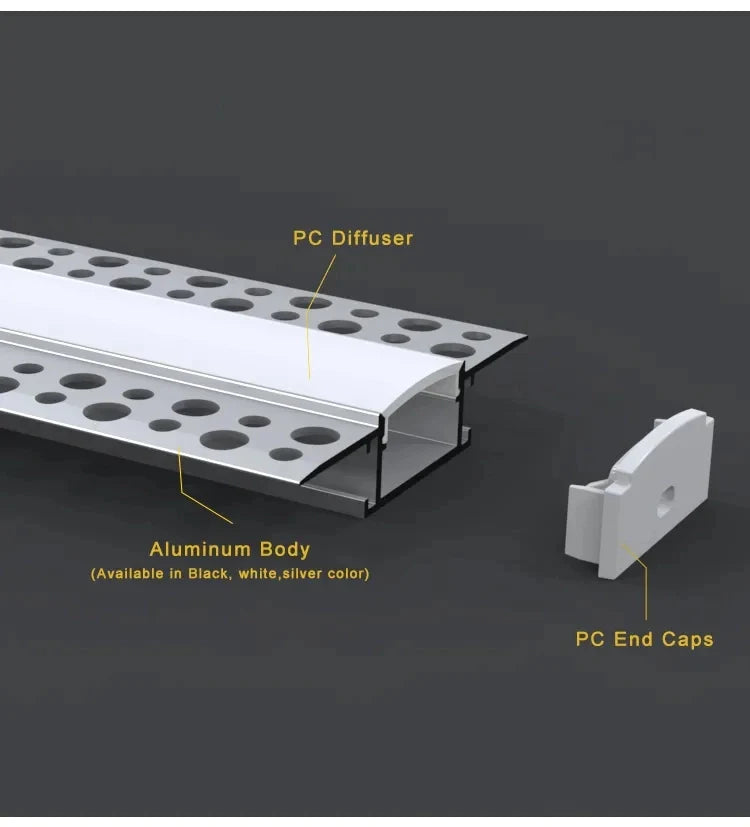 Embedded mounting Aluminium extrusion, profile, channel for strip light with opal diffuser, 62X14x3000mm