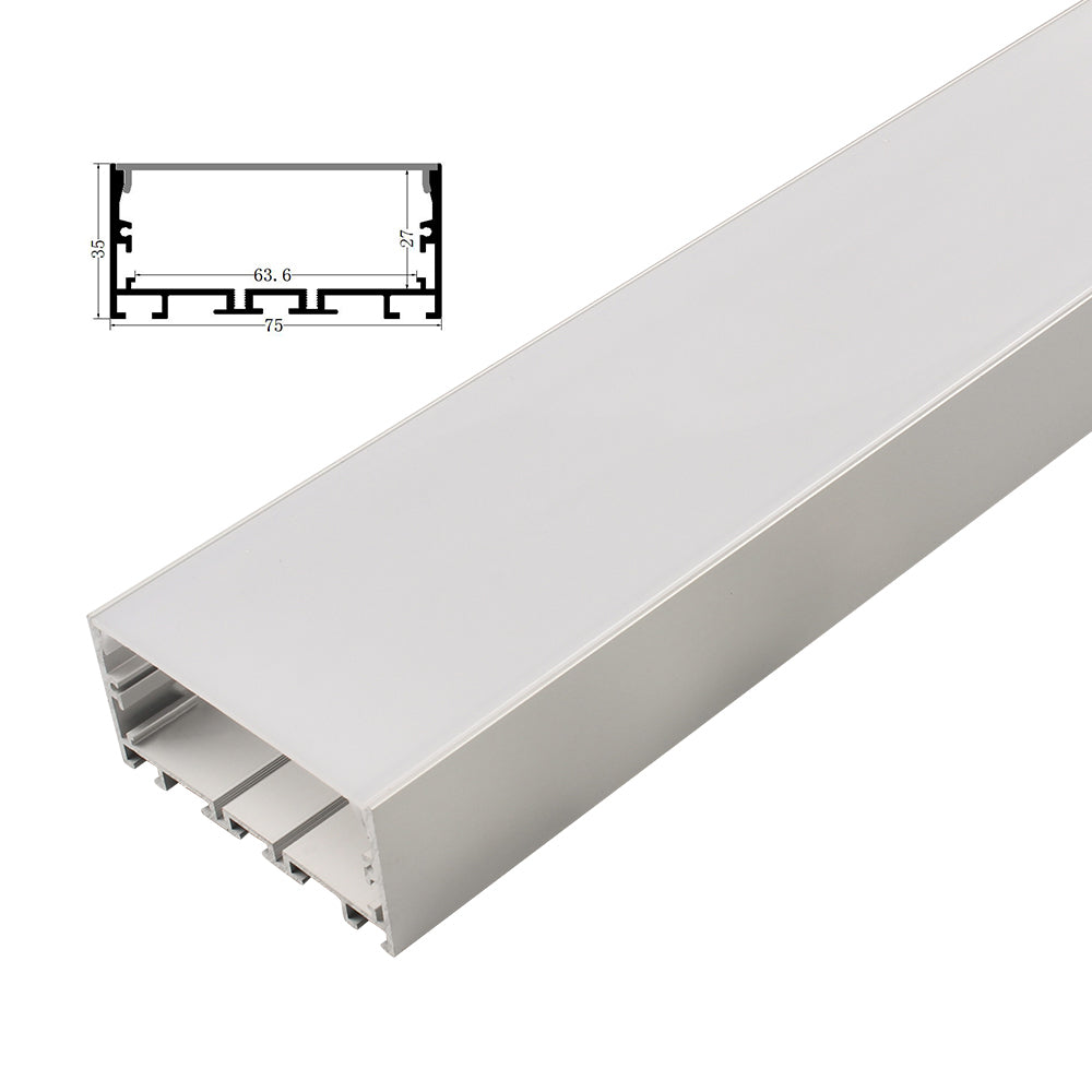 Surface mounting, Pendant mounting Aluminium extrusion, profile, channel for strip light with opal diffuser, 75x35x2500mm